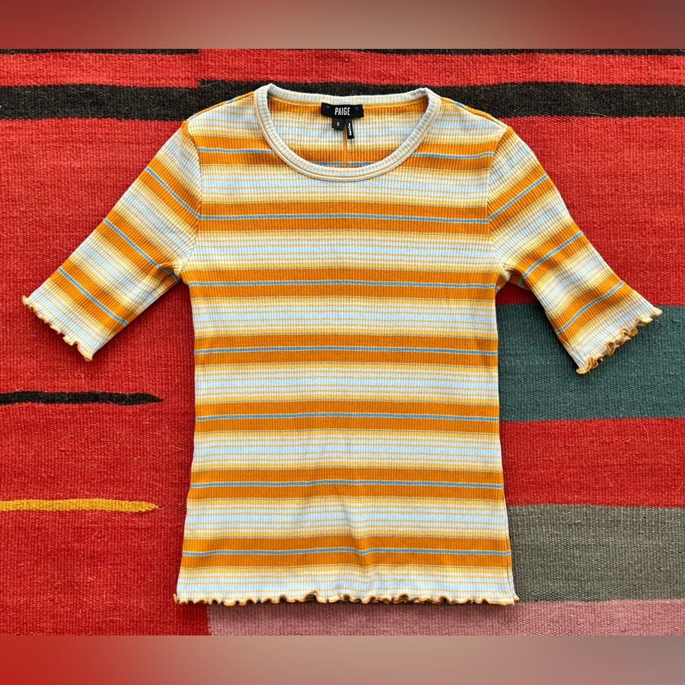 PAIGE - Stripe Rib Knit 3/4 Sleeve Tee w/ Lettuce Hem